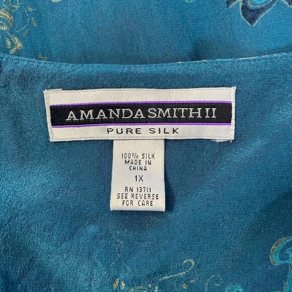 Boho Maxi Dress Plus Size 1X Blue Brocade Print Pure Silk Sleeveless Hippie Vtg - Picture 11 of 16